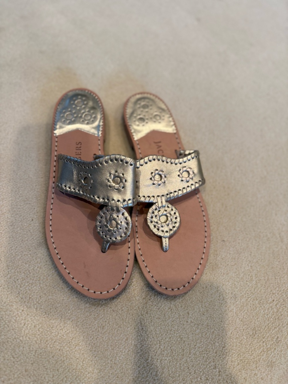 Jack Rogers Metallic Silver Leather Thong Sandals